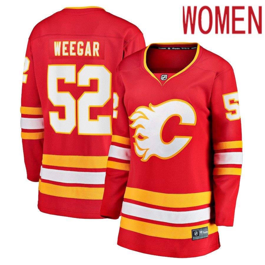 Women Calgary Flames 52 MacKenzie Weegar Fanatics Branded Red Home Breakaway Player NHL Jersey
